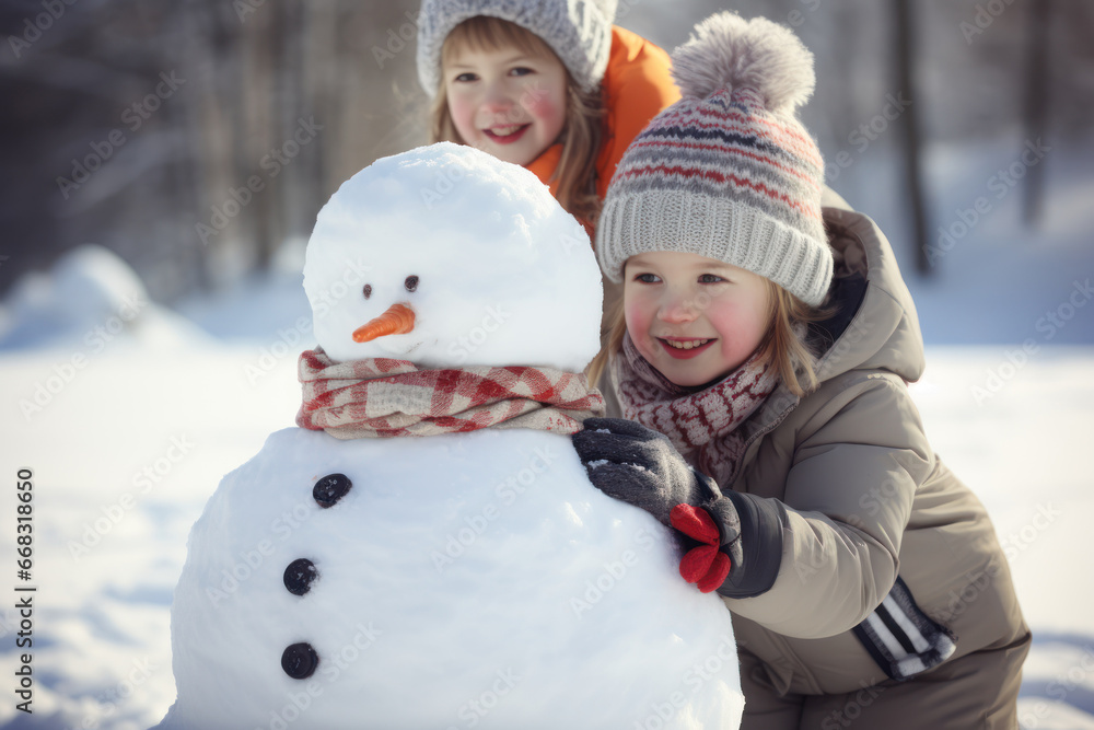 two girls make a snowman on a winter day