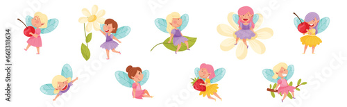 Cute Girl Fairy with Wings and Pretty Dress Vector Set