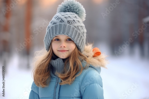 smiling little girl in a blue hat with a pompon and a blue jacket in a winter park