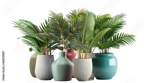 Group of tropical banana trees (Musa spp.) and coconut palm plants in colorful or gray vases, indoor design. Isolated on a transparent background. PNG cutout or clipping path.