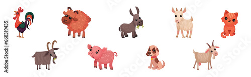 Farm Animals with Goat, Dog, Cat, Poultry and Pig Vector Set