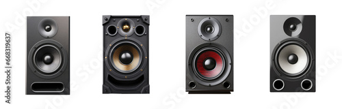 Set of audio loudspeakers, front product view, isolated on a transparent background. PNG cutout or clipping path. photo
