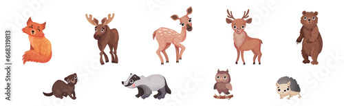 Forest Animals with Fox, Deer, Otter, Elk and Bear Vector Set