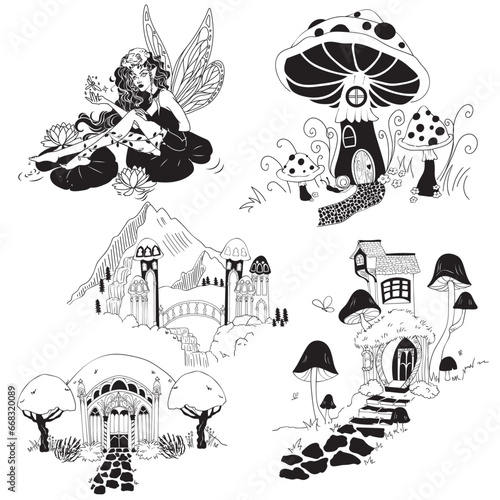 Black and White Fairly Land Illustration Set photo