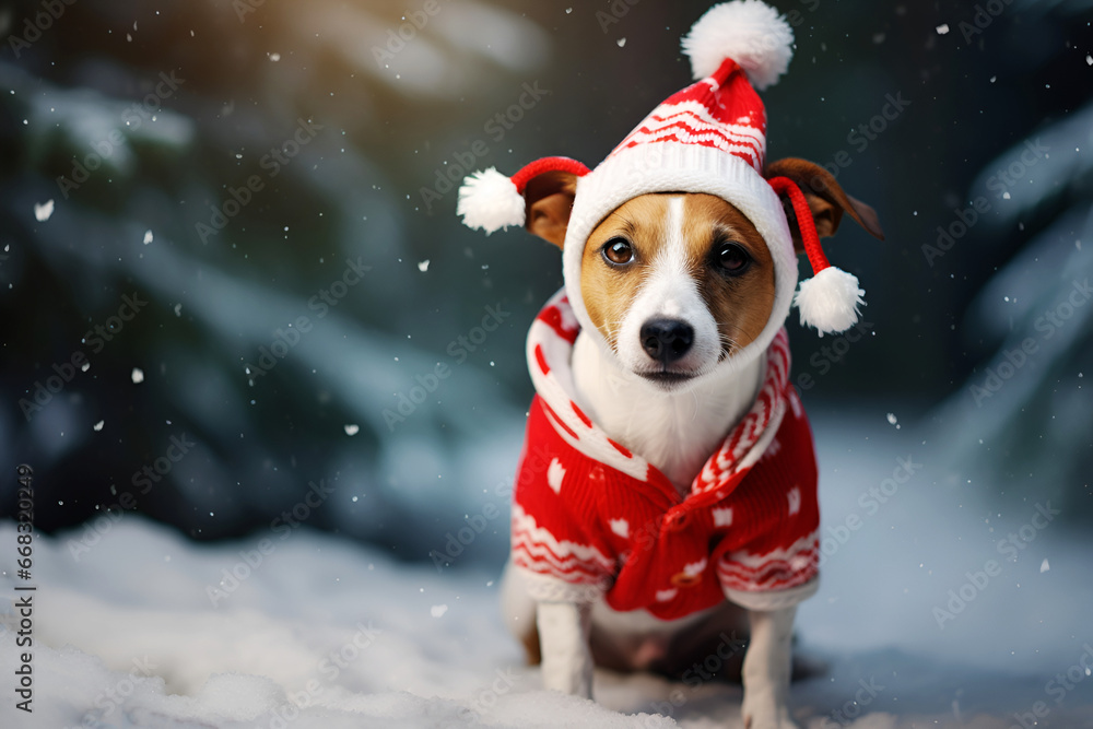 Jack Russell Terrier dog in red Christmas hat and warm suit walking in winter snowy park or forest Greeting card New Year holidays background Jack Russell Terrier dog in red Christmas hat and warm suit walking in winter snowy park or forest Greeting card New Year holidays background