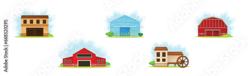 Rural Farm Building with Barn House and Glasshouse Vector Set