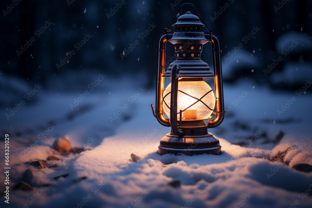 A solitary lantern casting a warm glow on a snow-laden area.