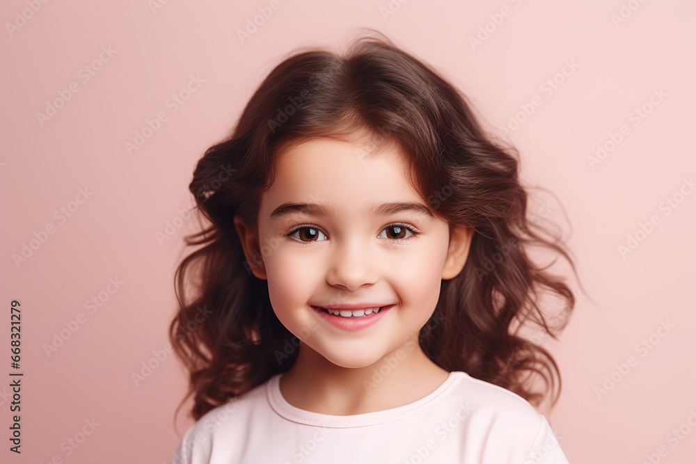 dreamy cute positive little girl look empty space wonder smile isolated on pastel pink color background, generative ai dreamy cute positive little girl look empty space wonder smile isolated on pastel pink color background, generative ai
