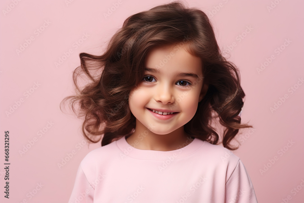 dreamy cute positive little girl look empty space wonder smile isolated on pastel pink color background, generative ai dreamy cute positive little girl look empty space wonder smile isolated on pastel pink color background, generative ai