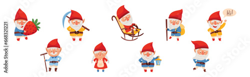 Fantastic Man and Woman Gnome Character in Red Pointed Hat Vector Illustration Set