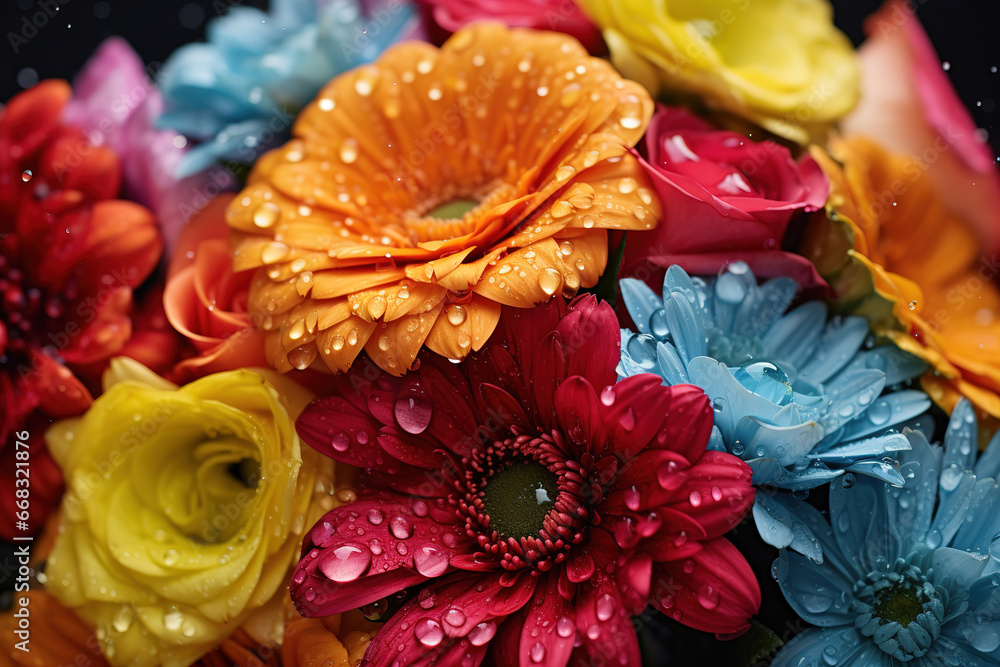 Close up of a bunch of bright colourful flowers with water droplets, generative ai Close up of a bunch of bright colourful flowers with water droplets, generative ai