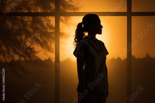 Shadow silhouette of a nurse during the golden hour, symbolic of hope. photo