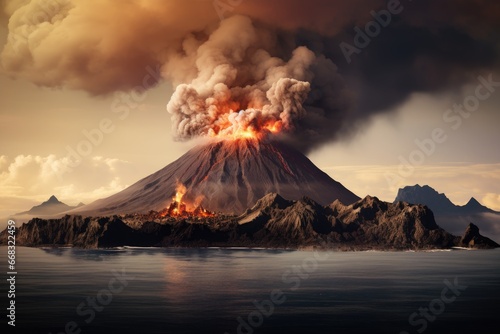 Volcanic island with smoke and ash.