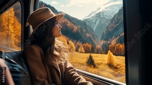 A stunning, symmetrical, and cinematic image of a female traveler, travel writer, and motivated explorer hanging out of a train window