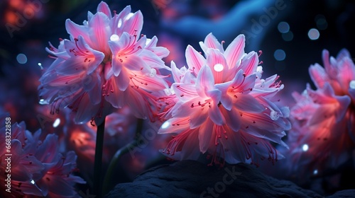 A neon hyacinth cluster glowing under soft moonlight.
