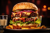 close-up of a juicy delicious burger, food, generative ai 