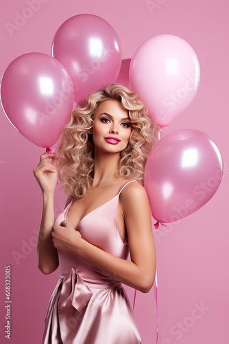 It's party time. Gorgeous blond woman in a chic outfit clutching a bunch of birthday balloons against a pink studio backdrop, copy space