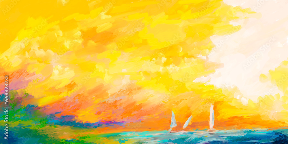 Impressionistic Trio of Sailboats Sailing at Sunrise or Sunset Vibrant- Digital Painting, Illustration, Art, Artwork, Design, Background, Backdrop, Wallpaper, Publication, Social Media Post Ad