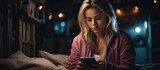 Nomophobia and sleep issues caused by young woman using smartphone late at night in bed
