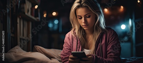 Nomophobia and sleep issues caused by young woman using smartphone late at night in bed