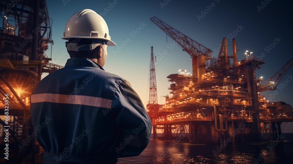 Engineer working on oil platform, extracting fuel at sea Engineer working on oil platform, extracting fuel at sea