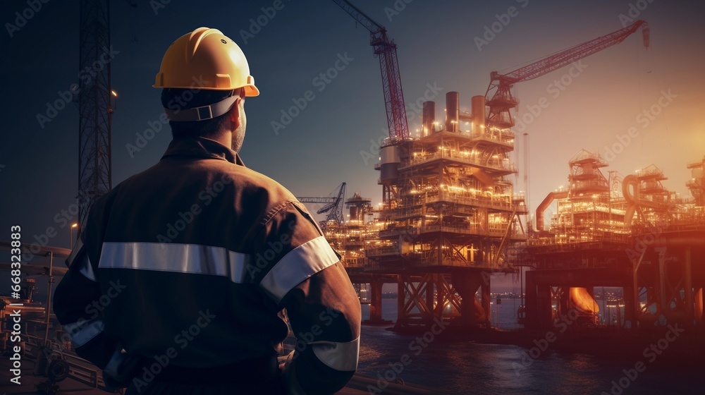 Engineer working on oil platform, extracting fuel at sea Engineer working on oil platform, extracting fuel at sea