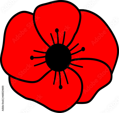 The remembrance poppy - poppy appeal. Poppy design isolated on white. Decorative vector flower for Remembrance Day, Memorial Day, and Anzac Day in New Zealand, Australia, Canada, and Great Britain.