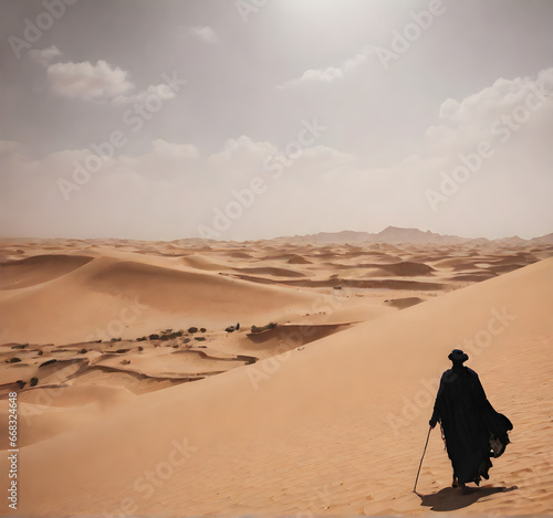 Desert Wanderer  A Traveler and Bedouin Crossing Endless Dunes. generative AI