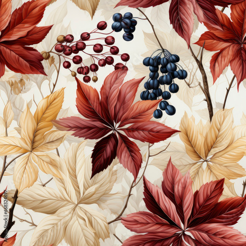 Photo of a beautiful watercolor seamless repeating pattern of summer leaves on a white background 