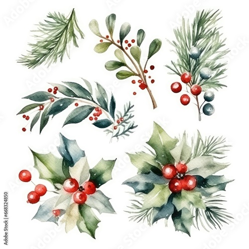 Fototapeta Naklejka Na Ścianę i Meble -  Christmas watercolor hand drawn illustration. Decoration elements for the Christmas holiday