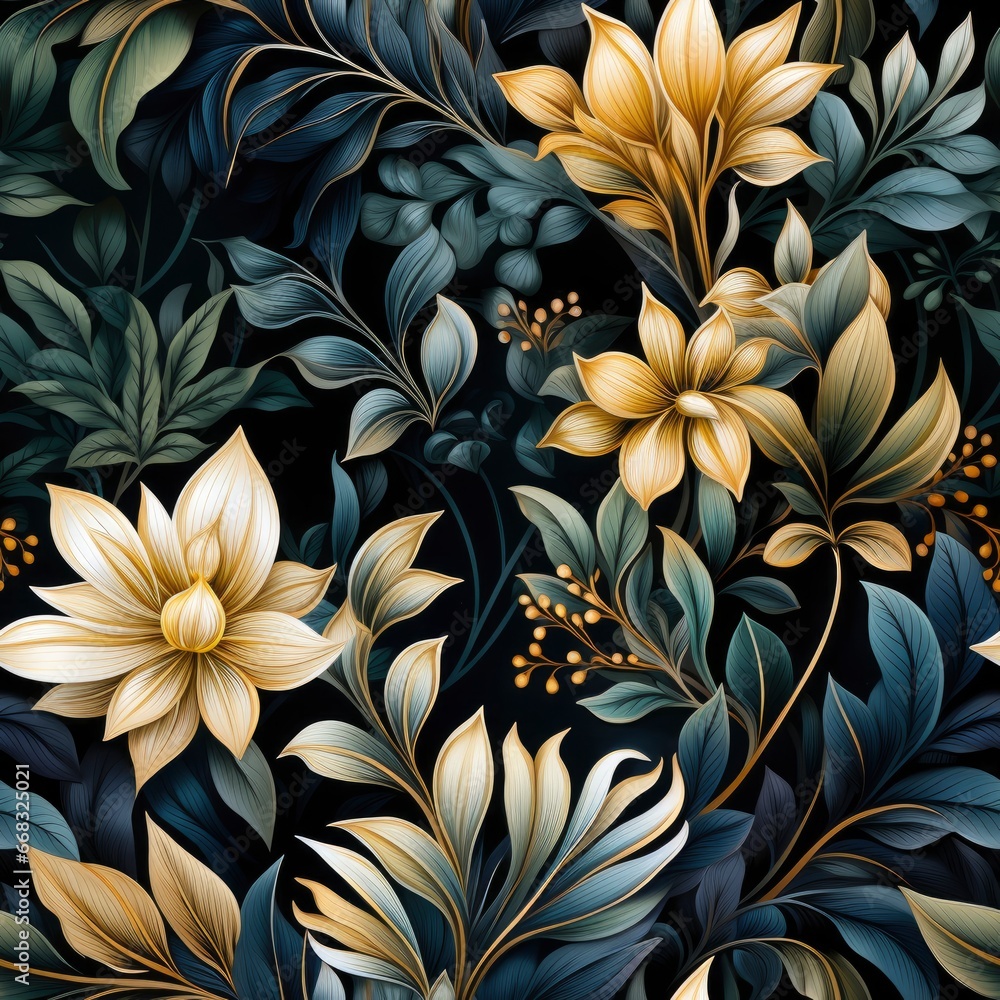 Luxury Seamless Pattern with Golden Flowers and Leaves on a Dark Background