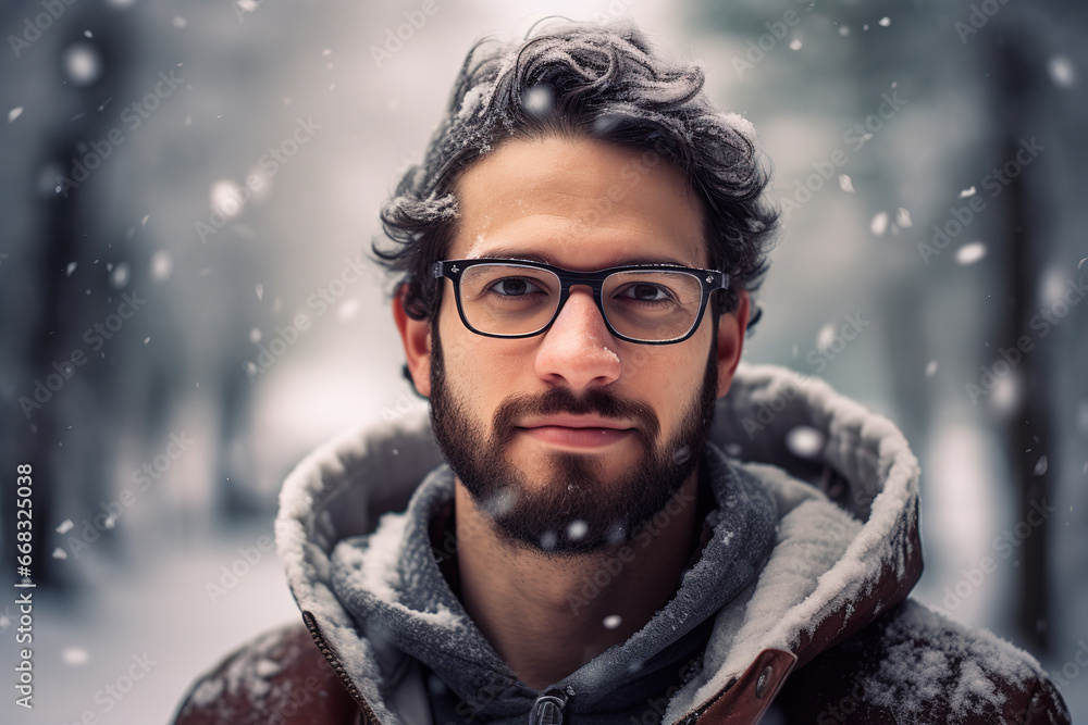 man with glasses in the snow in front of some trees, generative ai man with glasses in the snow in front of some trees, generative ai