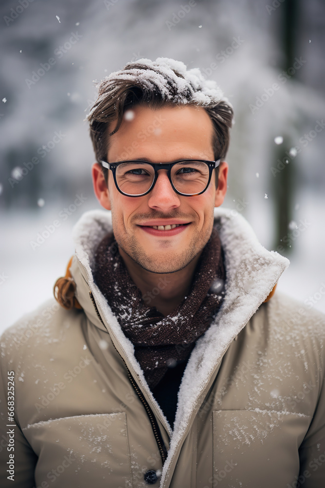 man with glasses in the snow in front of some trees, generative ai man with glasses in the snow in front of some trees, generative ai