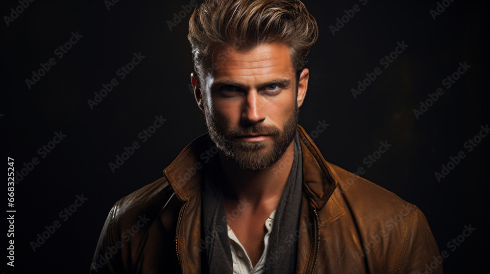 A good-looking fellow stands against a deep-coloured backdrop in a photographing studio.
