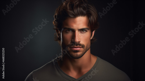 A dashing individual's visage captured in a studio surrounded by darkness.