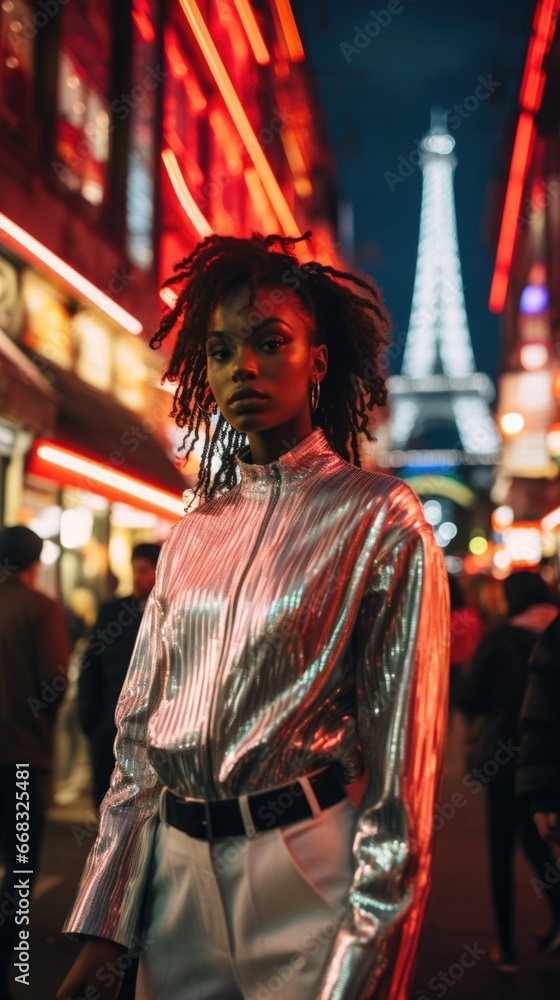 A woman standing in the middle of a city at night