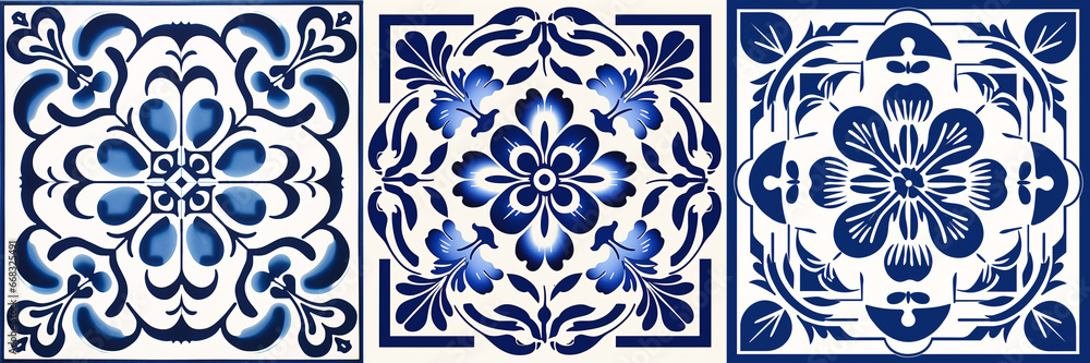 A beautiful baroque-style ceramic tile design with a white and blue porcelain flower pattern damask,Victorian elements, and a big floral frame in the center. - obrazy, fototapety, plakaty 
