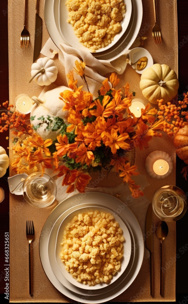 A table set for a thanksgiving dinner with pumpkins and flowers