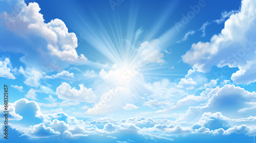 A bright sky dotted with fluffy white clouds and a beaming sun..The sun lit up a clear  azure sky  accompanied by billowy clouds..The sky was adorned with a radiant sun and cottony clouds.