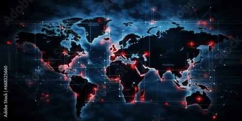 Securing the Globe: The World Map Adorned with Security Symbols in a Striking Palette of Dark Teal and Red, Symbolizing Global Protection and Safety