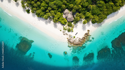A breathtaking aerial view of a tropical isle, showcasing its tranquil azure waters and ivory sandy beaches.