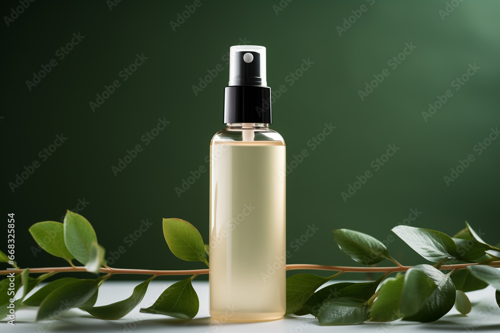 Natural cosmetic product oil or essence in a bottle with a dropper, with fresh green leaves, top view. Concept of beauty, skin, hair or body care Natural cosmetic product oil or essence in a bottle with a dropper, with fresh green leaves, top view. Concept of beauty, skin, hair or body care