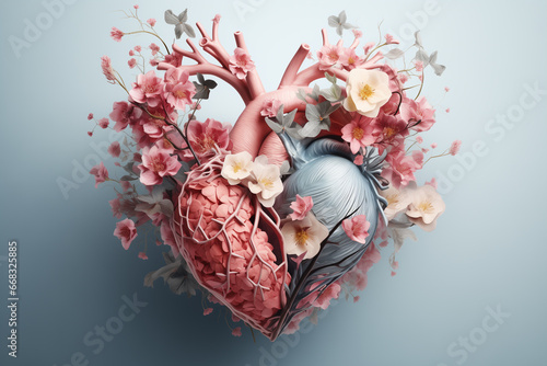 abstract image of a human heart with flowers on a blue background. copy space. generative AI	 photo