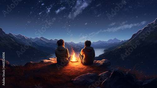 The two companions, united in the starlit night, sat calmly by their campfire, exhibiting a strong connection.