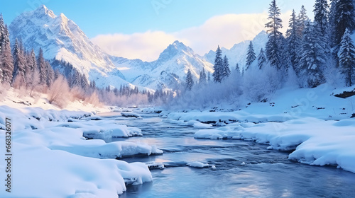 A wintry stream ambles across a snowy terrain. © ckybe