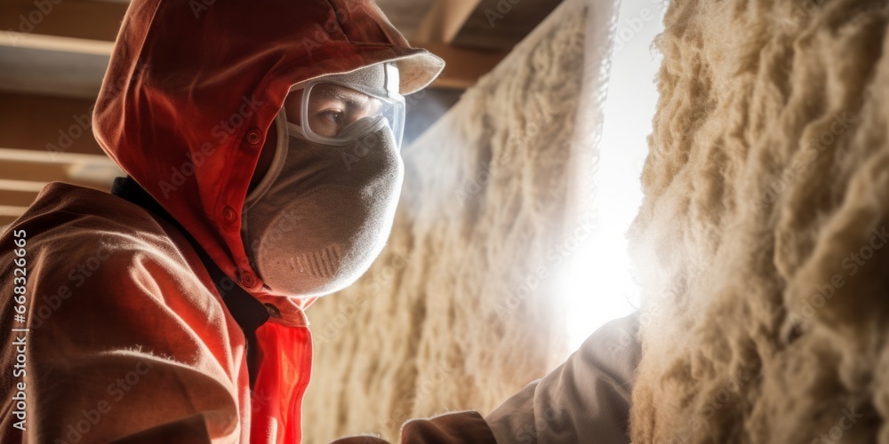Worker in protective goggles and mask insulating rock wool for future house walls for cold barrier. Comfortable warm home, economy, construction and renovation concept - obrazy, fototapety, plakaty 