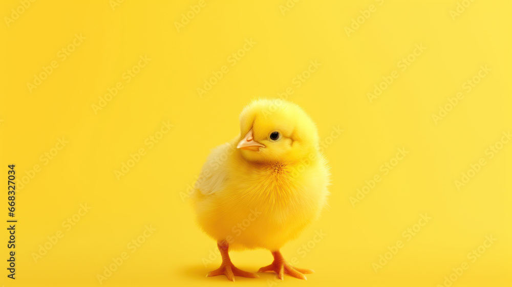 Single Small Chicken on Yellow Background