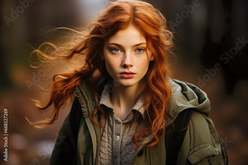 autumn allure: red-haired woman in a windswept moment