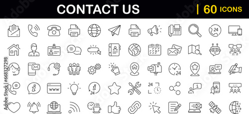 Contact us set of web icons in line style. Social Media network icons for web and mobile app. Customer service. Contact support sign and symbols. Call us, support, email, message, phone, info