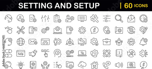 Settings and setup set of web icons in line style. Setup icons for web and mobile app. Settings, installation, maintenance, update, download, configuration, options, control. Vector illustration